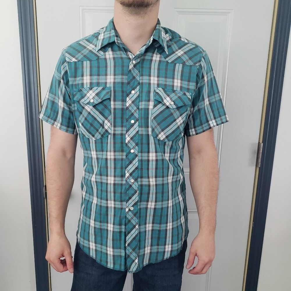 90s Teal Plaid‎ Western Shirt